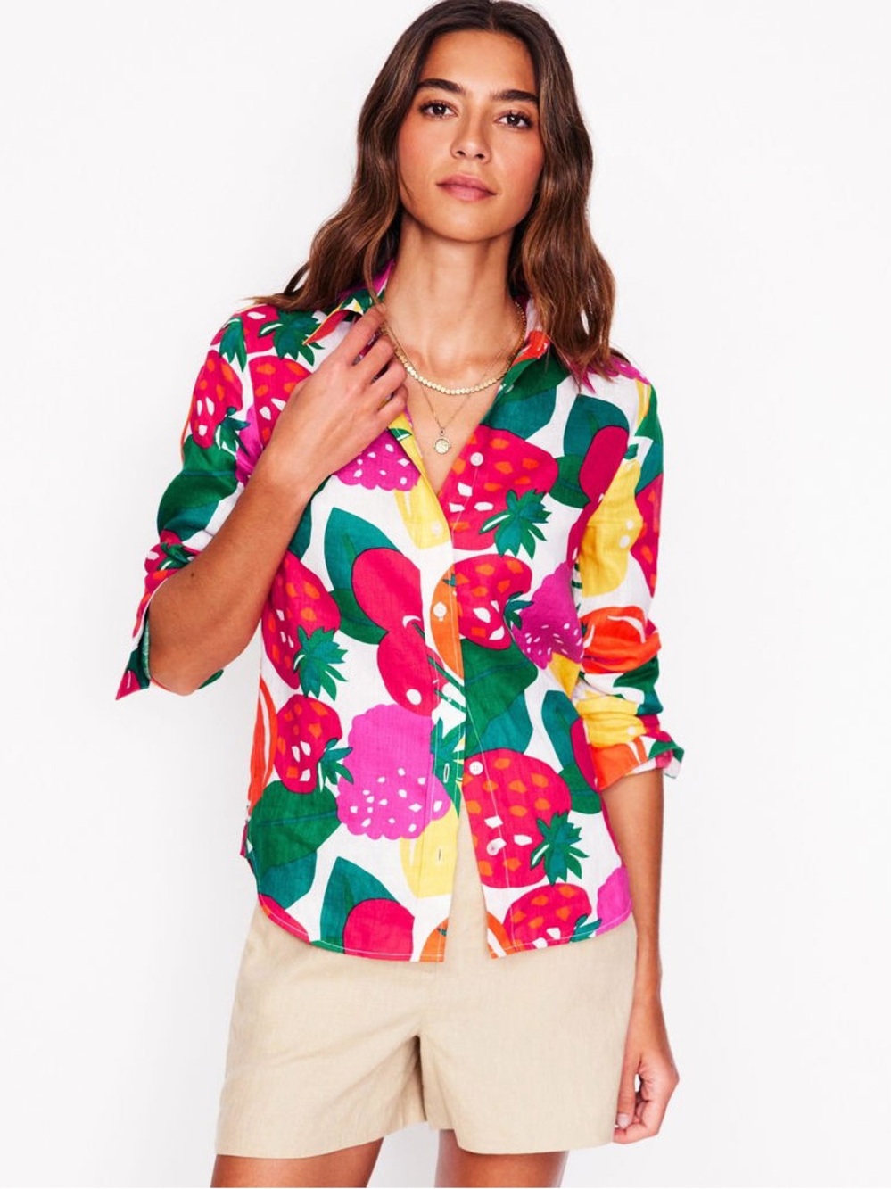 Boden Sienna Linen Strawberry-Print Button-Down Shirt - Pink, Green, Yellow